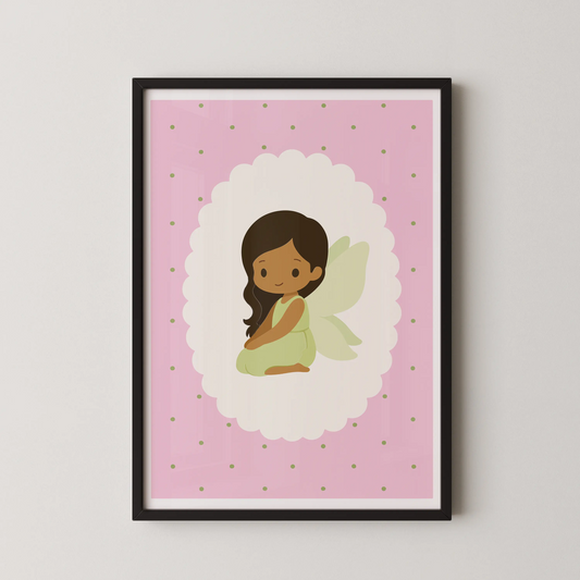 A modern vector art illustration of a whimsical pink fairy in a mint dress, seated on a medallion.