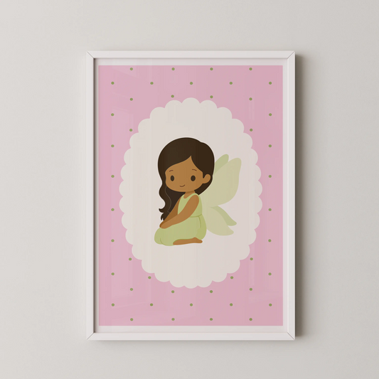 A modern vector art illustration of a whimsical pink fairy in a mint dress, seated on a medallion.
