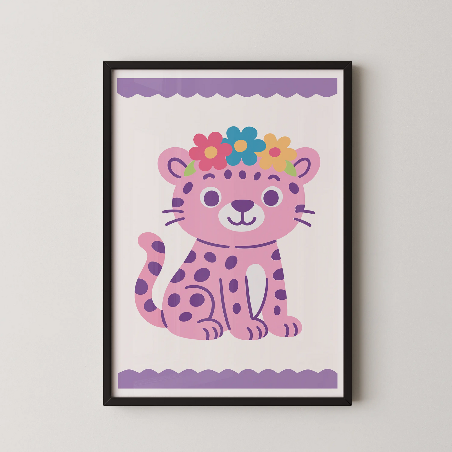 A whimsical pink leopard cub in a modern flat vector illustration style, adorned with a floral crown.