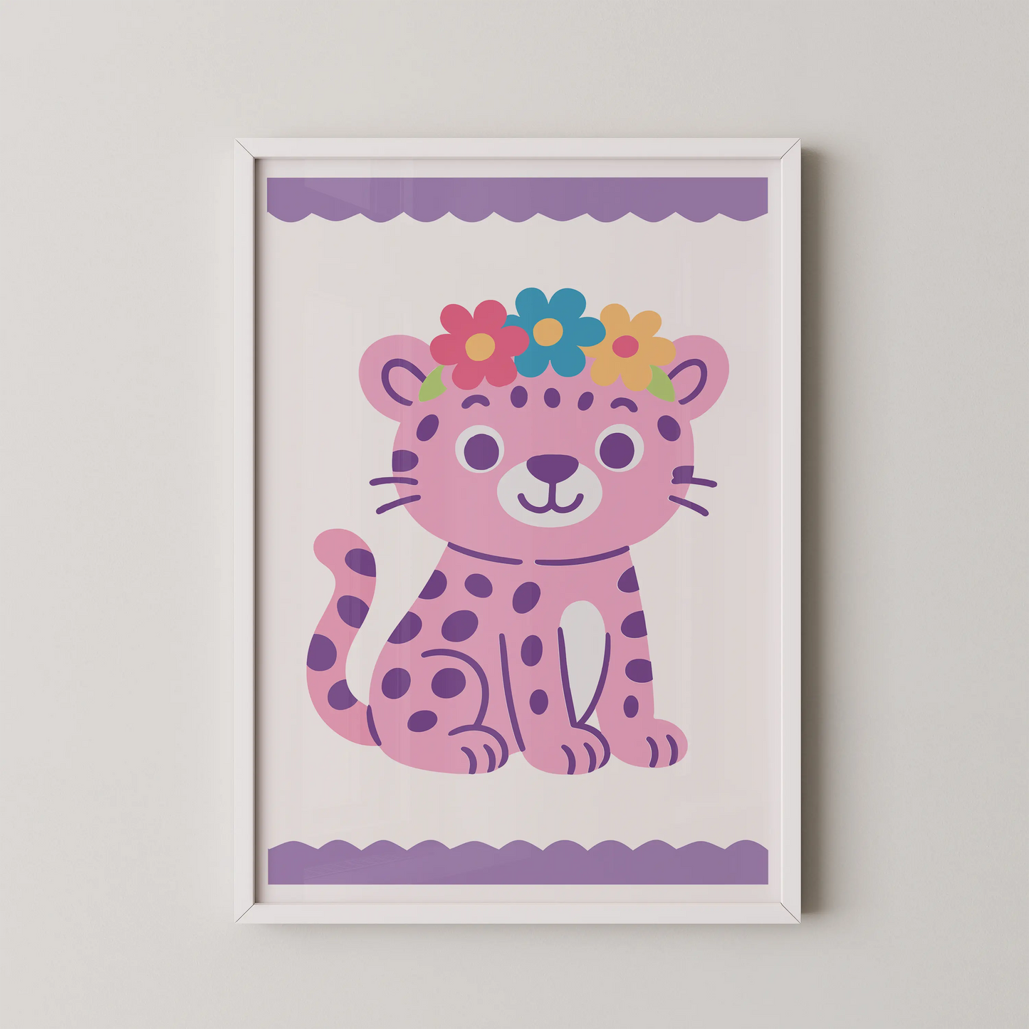 A whimsical pink leopard cub in a modern flat vector illustration style, adorned with a floral crown.