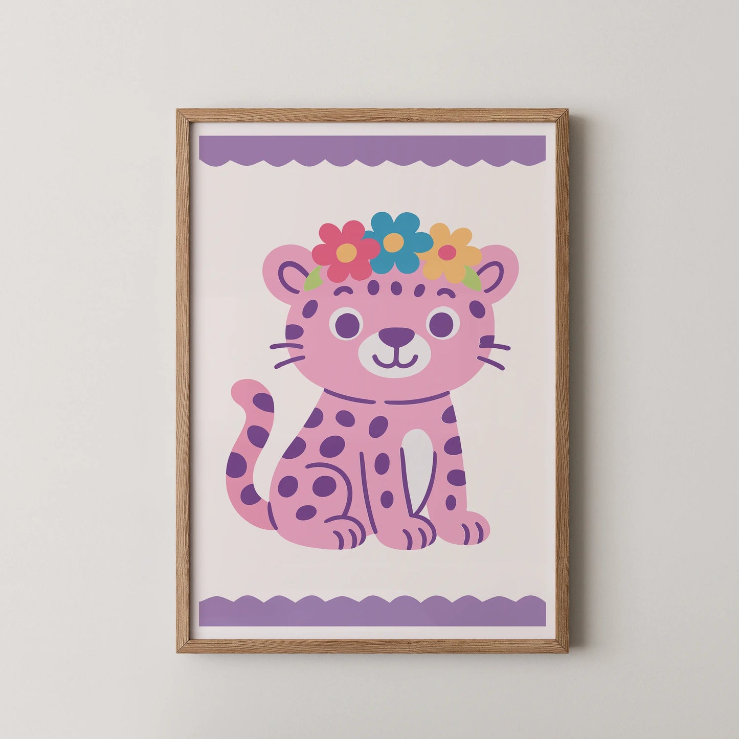 A whimsical pink leopard cub in a modern flat vector illustration style, adorned with a floral crown.