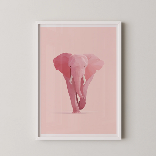 A geometric modern art poster featuring a pink elephant against a soft pastel backdrop.