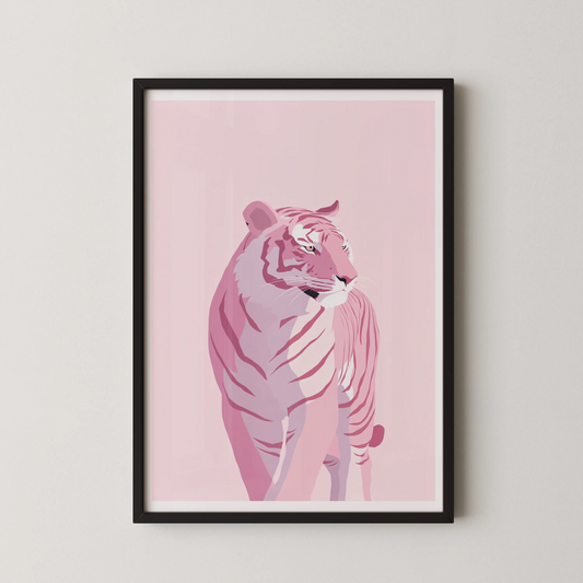 A minimalist modern art piece of a pink tiger.