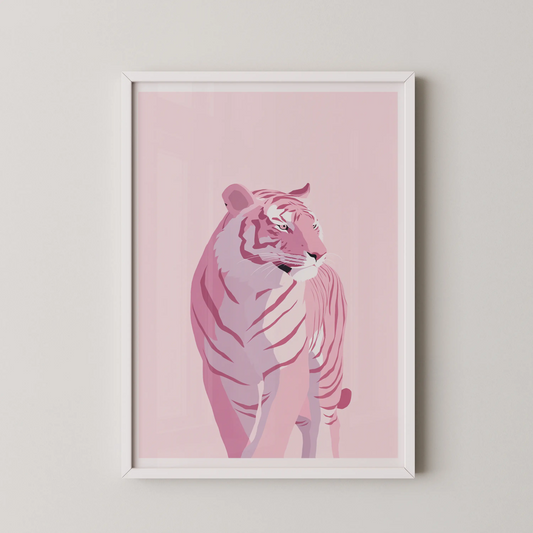 A minimalist modern art piece of a pink tiger.