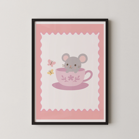 A minimalist kawaii illustration of a soft gray mouse peeking from a pink teacup, with butterflies fluttering nearby.