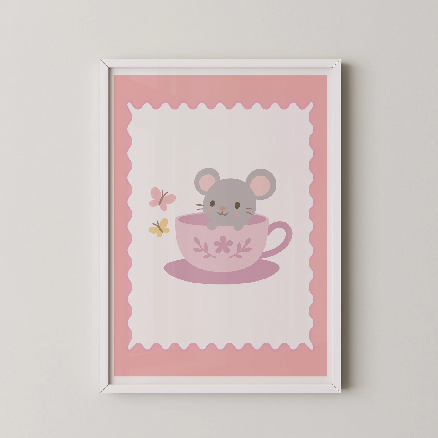 A minimalist kawaii illustration of a soft gray mouse peeking from a pink teacup, with butterflies fluttering nearby.