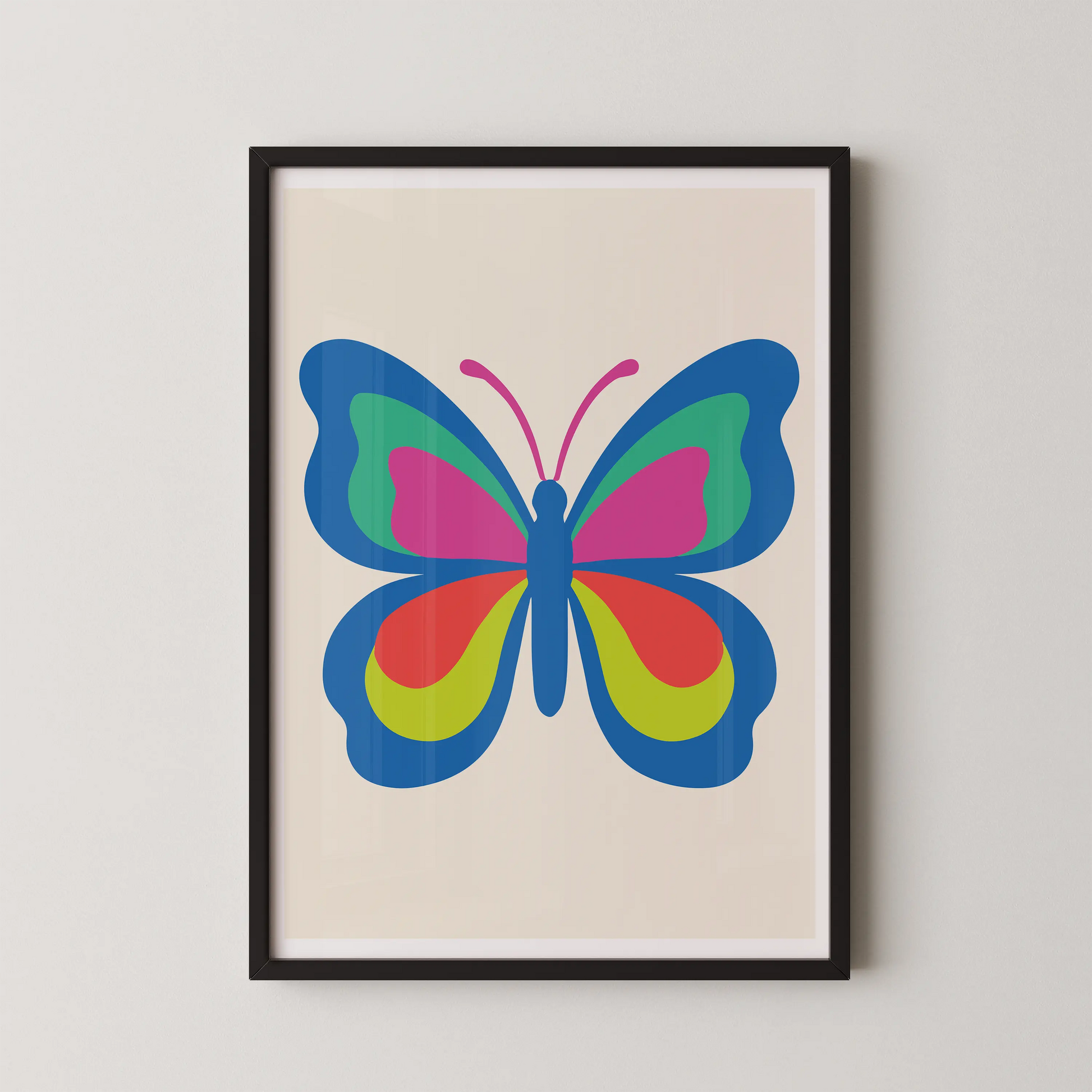A modern graphic art print of a stylized butterfly in flight, featuring bold vectors and bright colors.