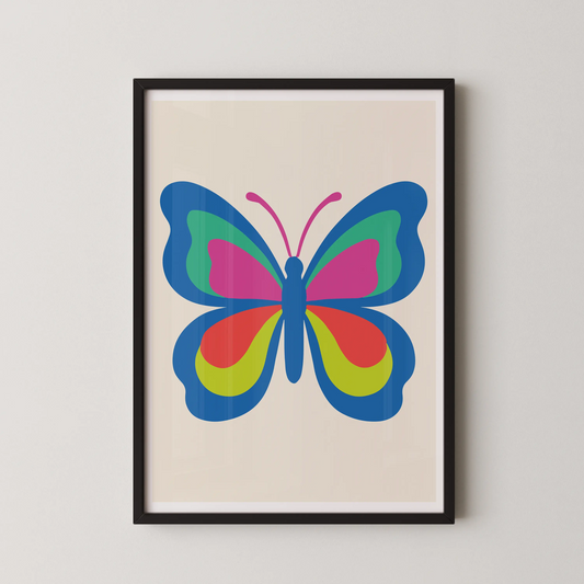 A modern graphic art print of a stylized butterfly in flight, featuring bold vectors and bright colors.