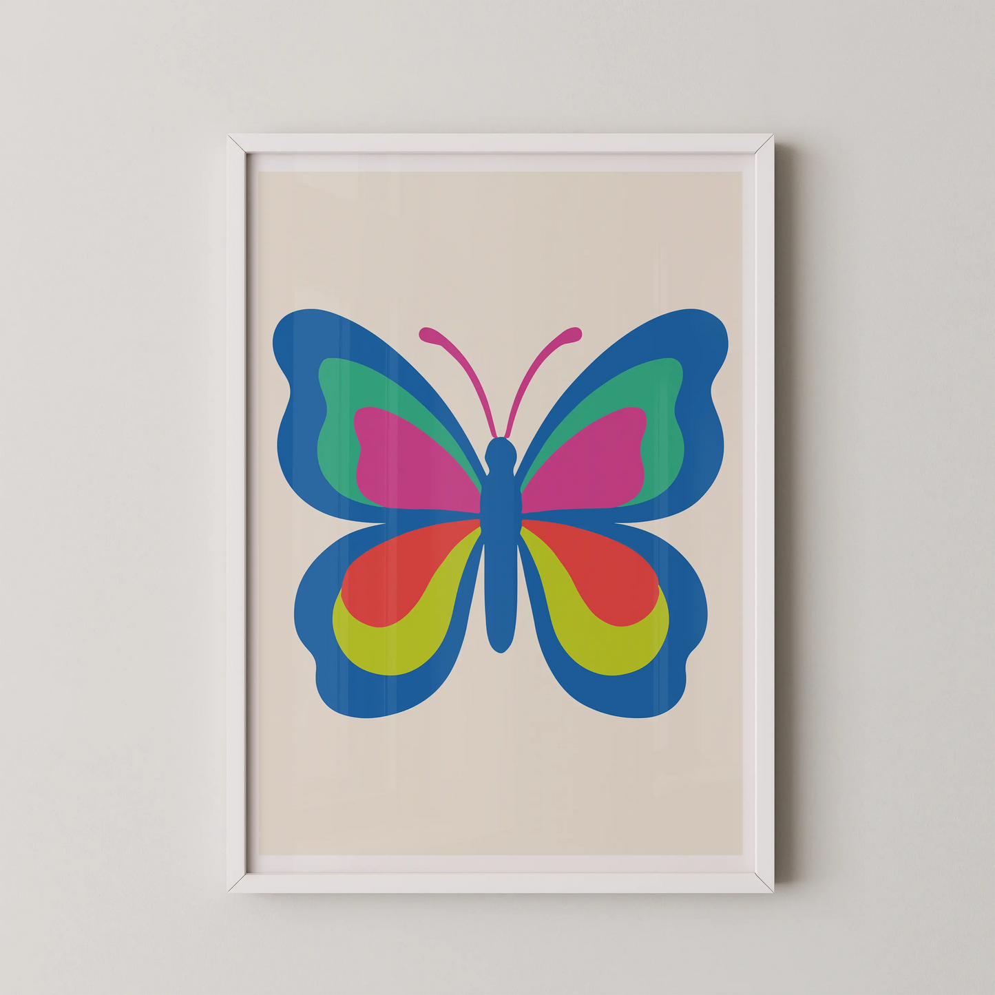 A modern graphic art print of a stylized butterfly in flight, featuring bold vectors and bright colors.