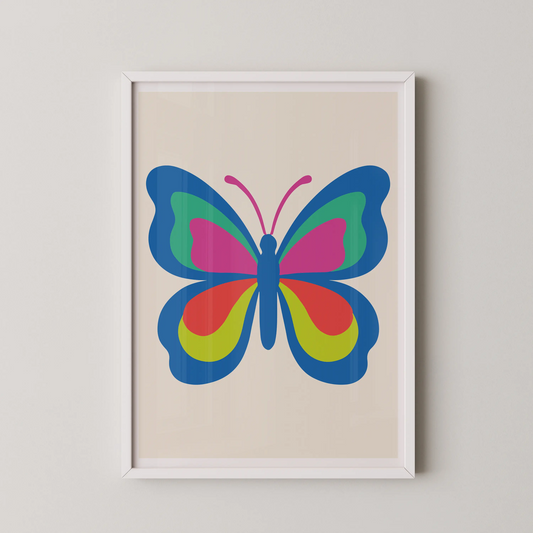 A modern graphic art print of a stylized butterfly in flight, featuring bold vectors and bright colors.