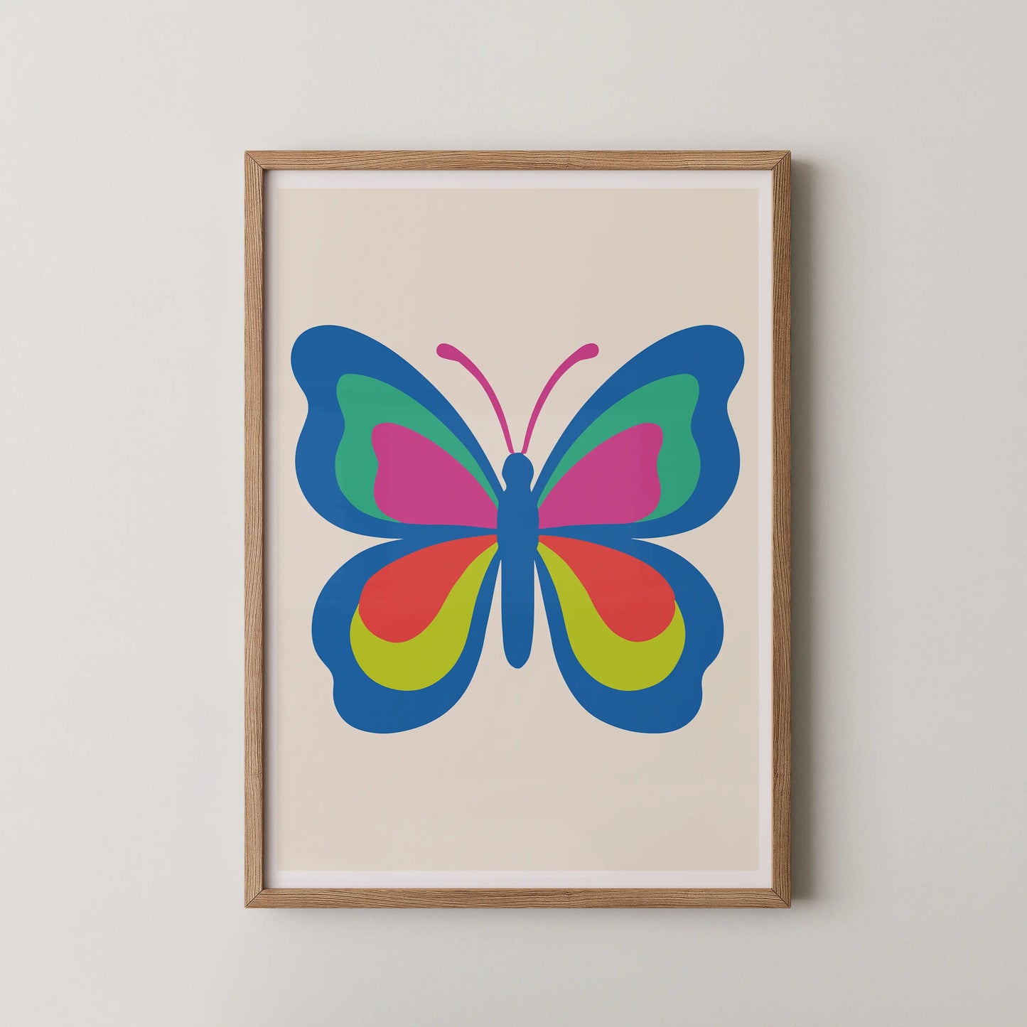 A modern graphic art print of a stylized butterfly in flight, featuring bold vectors and bright colors.