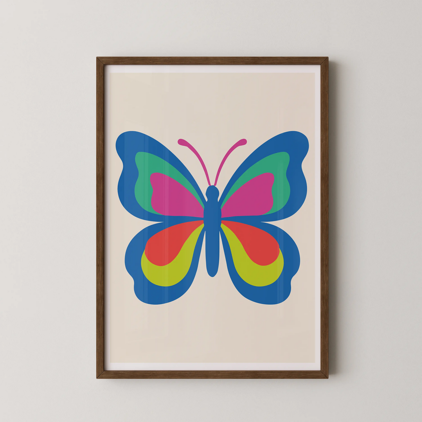 A modern graphic art print of a stylized butterfly in flight, featuring bold vectors and bright colors.