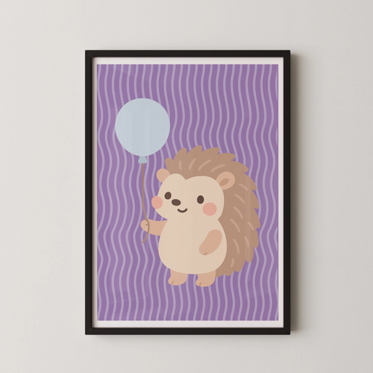 A minimalist flat-vector illustration of a cream-furred hedgehog holding a light-blue balloon against a lavender wavy backdrop.