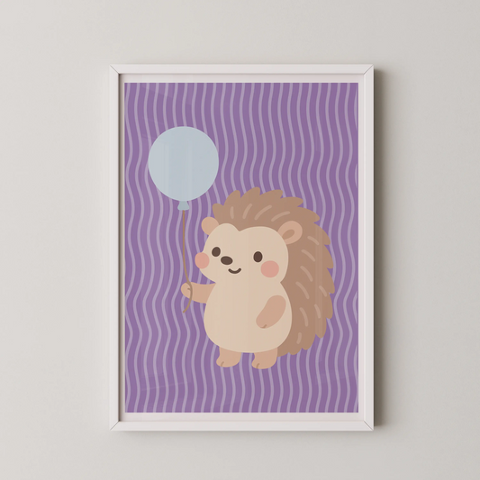 A minimalist flat-vector illustration of a cream-furred hedgehog holding a light-blue balloon against a lavender wavy backdrop.