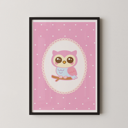 A modern vector art poster featuring a cute kawaii owl perched on a twig, with a pink polka dot background.