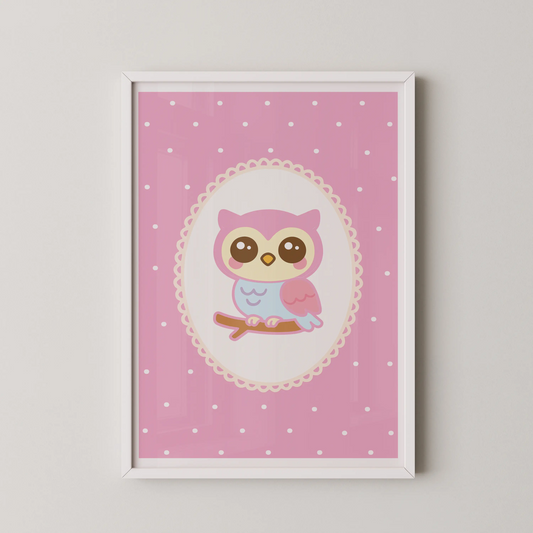 A modern vector art poster featuring a cute kawaii owl perched on a twig, with a pink polka dot background.