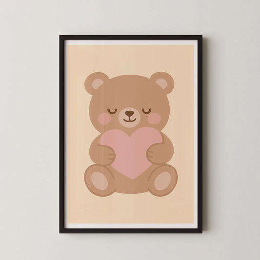 A flat-design vector illustration of a teddy bear holding a pink heart, in a modern kawaii style.