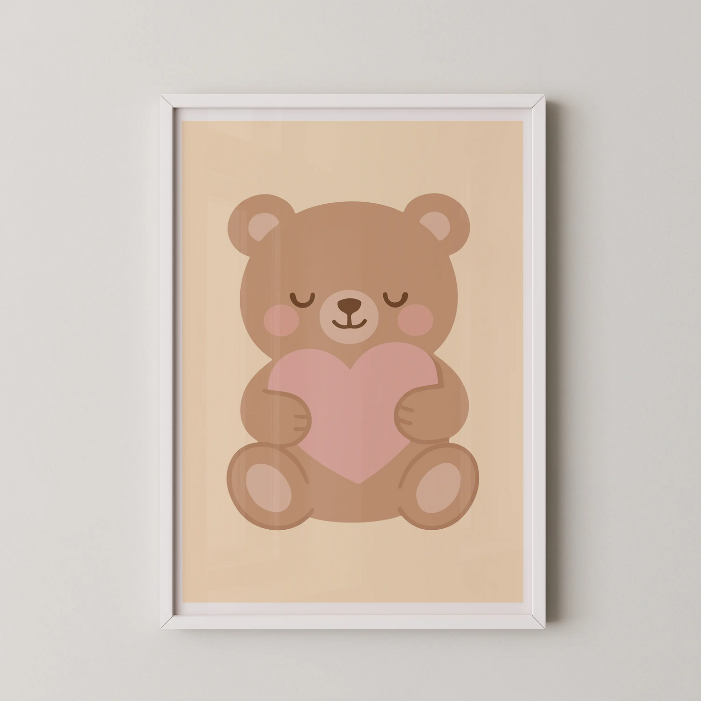 A flat-design vector illustration of a teddy bear holding a pink heart, in a modern kawaii style.