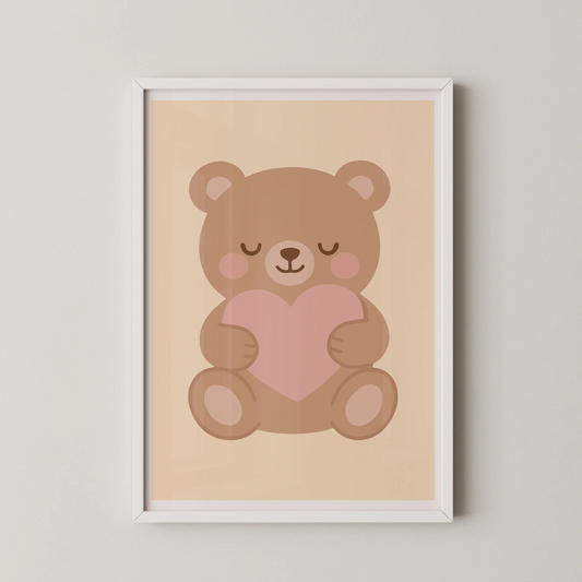 A flat-design vector illustration of a teddy bear holding a pink heart, in a modern kawaii style.