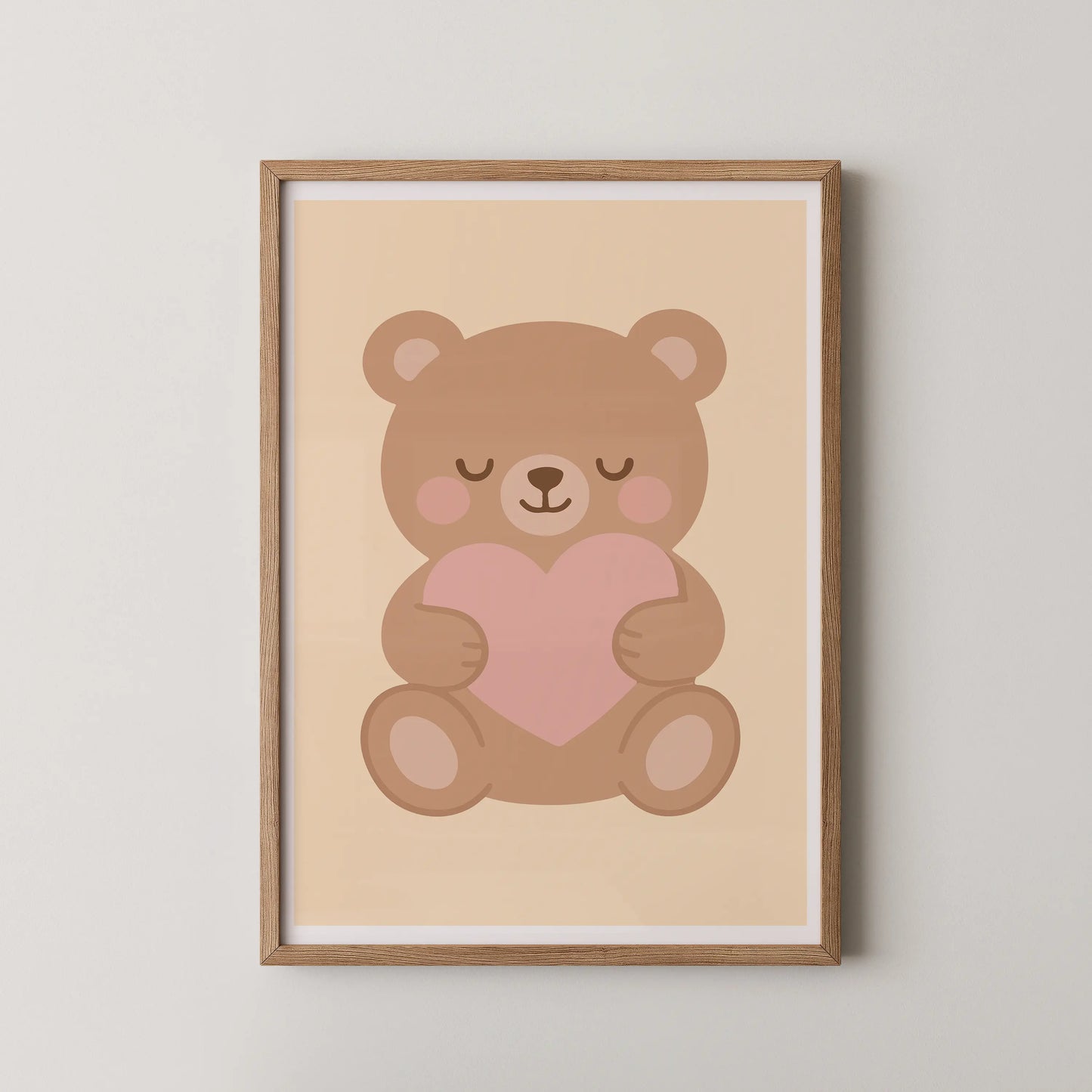 A flat-design vector illustration of a teddy bear holding a pink heart, in a modern kawaii style.