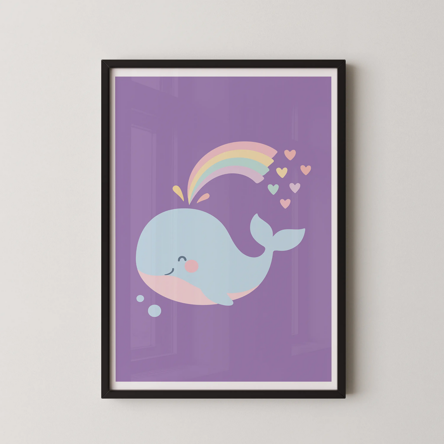A minimalist illustration of a smiling whale under a rainbow, in a kawaii style.