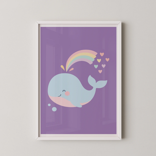 A minimalist illustration of a smiling whale under a rainbow, in a kawaii style.