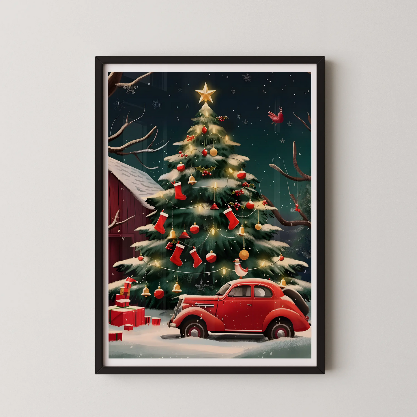 A vintage style digital illustration featuring a vintage red car and a snow-dusted Christmas tree.