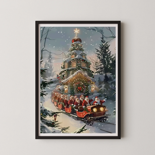 A vintage Christmas village scene with a treehouse and Santa's sleigh, rendered in a magical realism style.