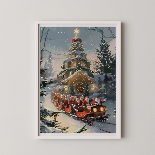 A vintage Christmas village scene with a treehouse and Santa's sleigh, rendered in a magical realism style.