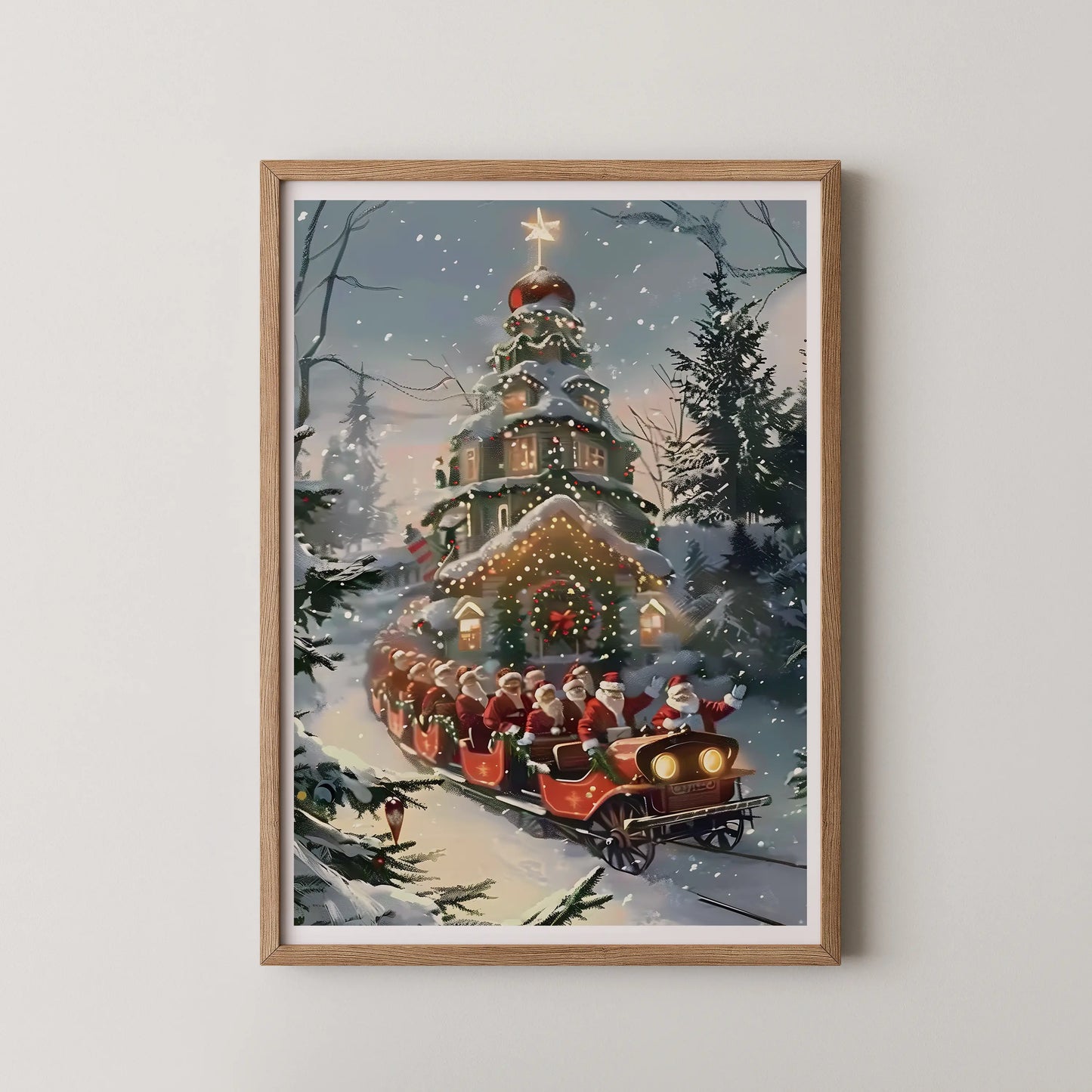 A vintage Christmas village scene with a treehouse and Santa's sleigh, rendered in a magical realism style.