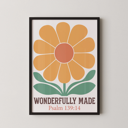 A minimalist stylized flower artwork with the quote "Wonderfully Made" in a modern, minimalist style.