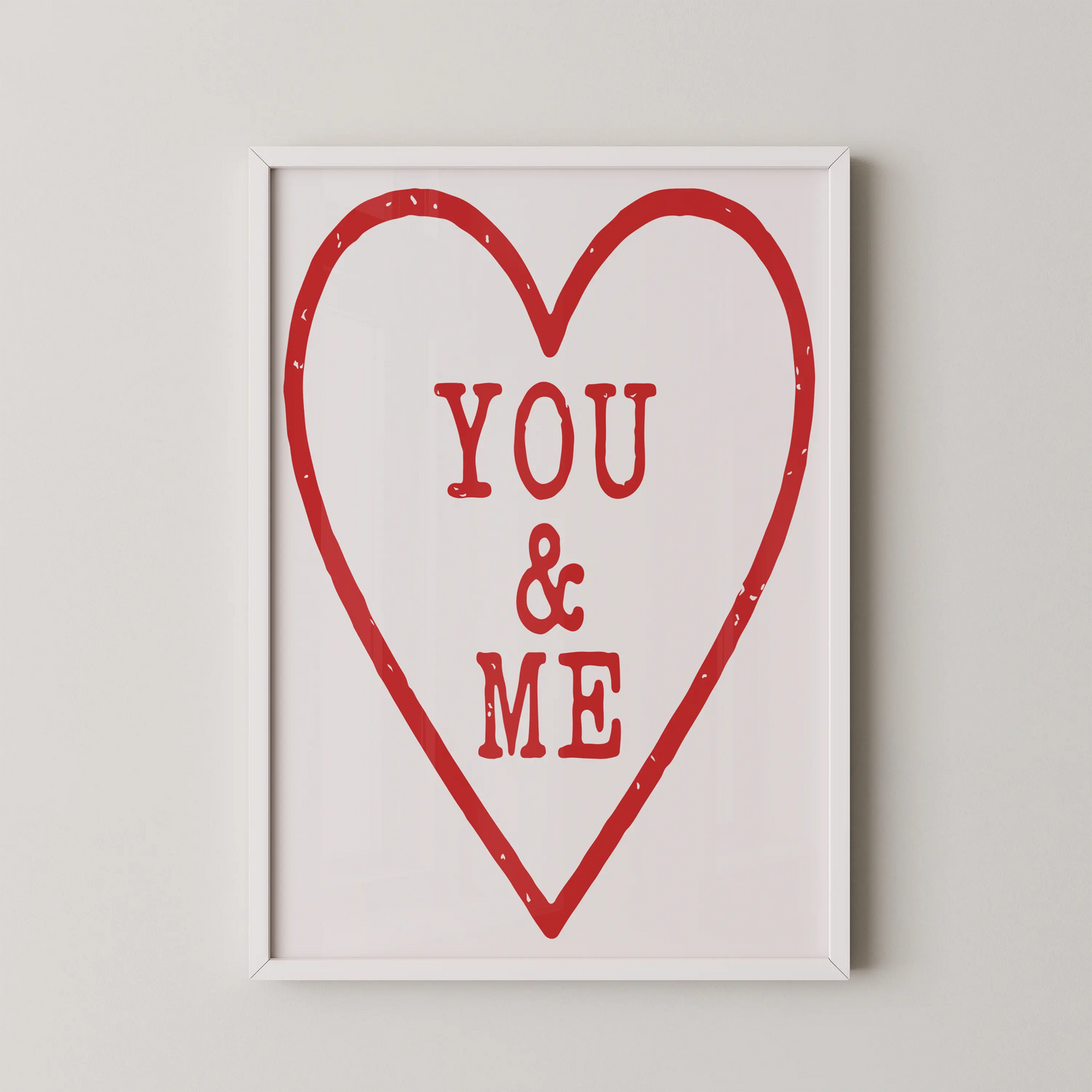 A Pop Art style wall art print featuring a bold red heart outline with typography YOU / & / ME inside on a black background.
