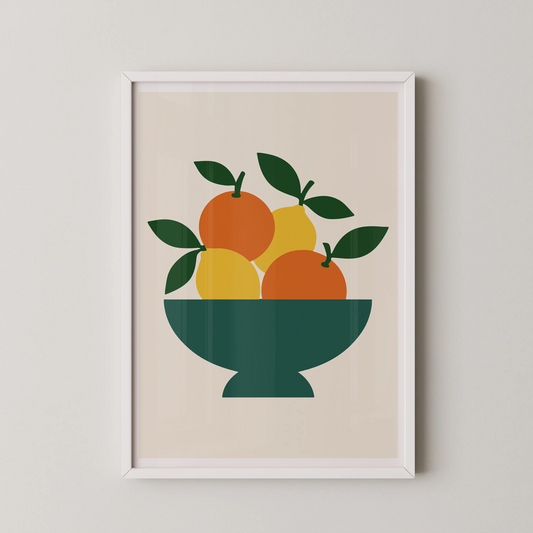 A modern art poster depicting a minimalist citrus bowl with lemons and oranges.