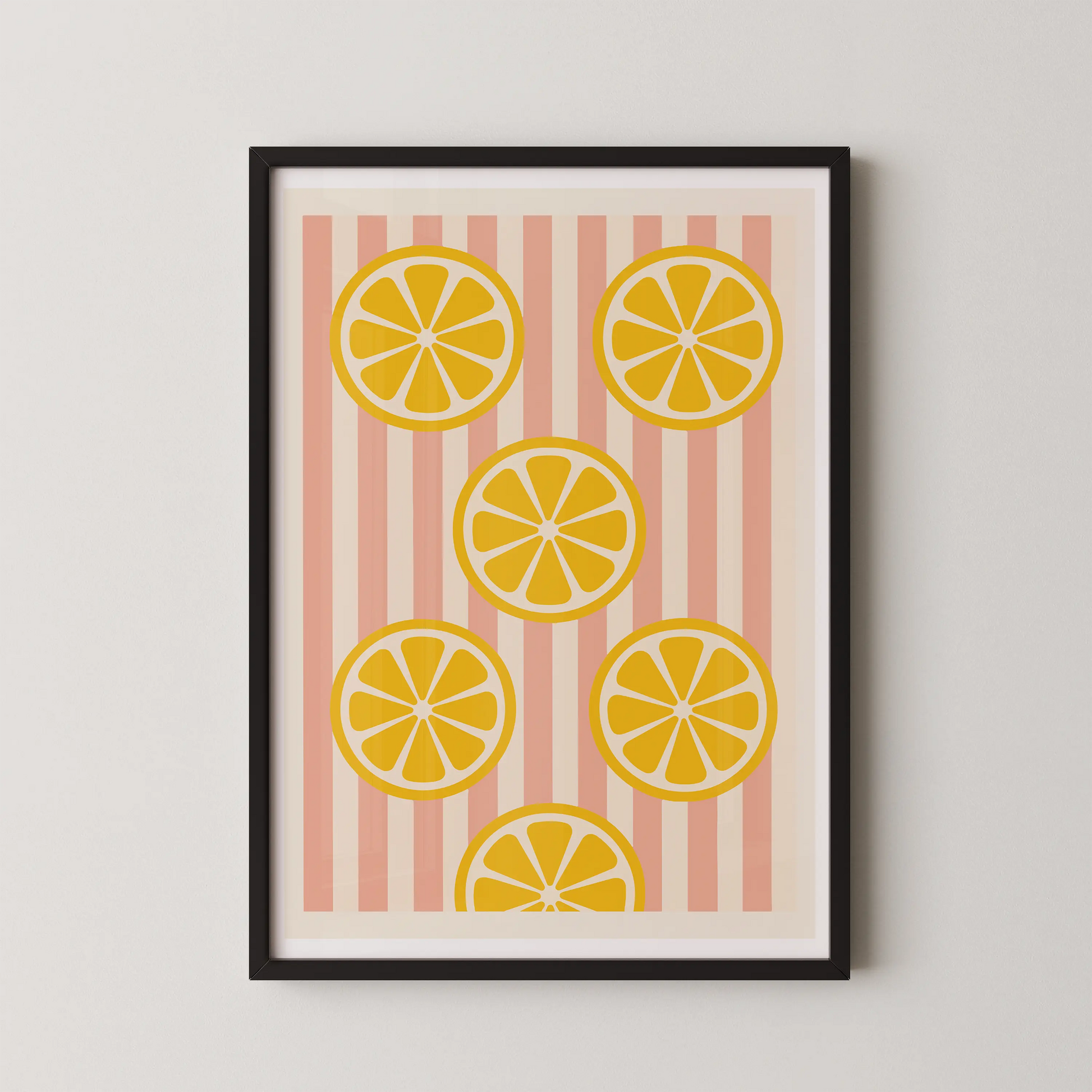 A modern abstract wall art poster featuring lemon slices on a pink striped background.