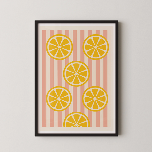 A modern abstract wall art poster featuring lemon slices on a pink striped background.