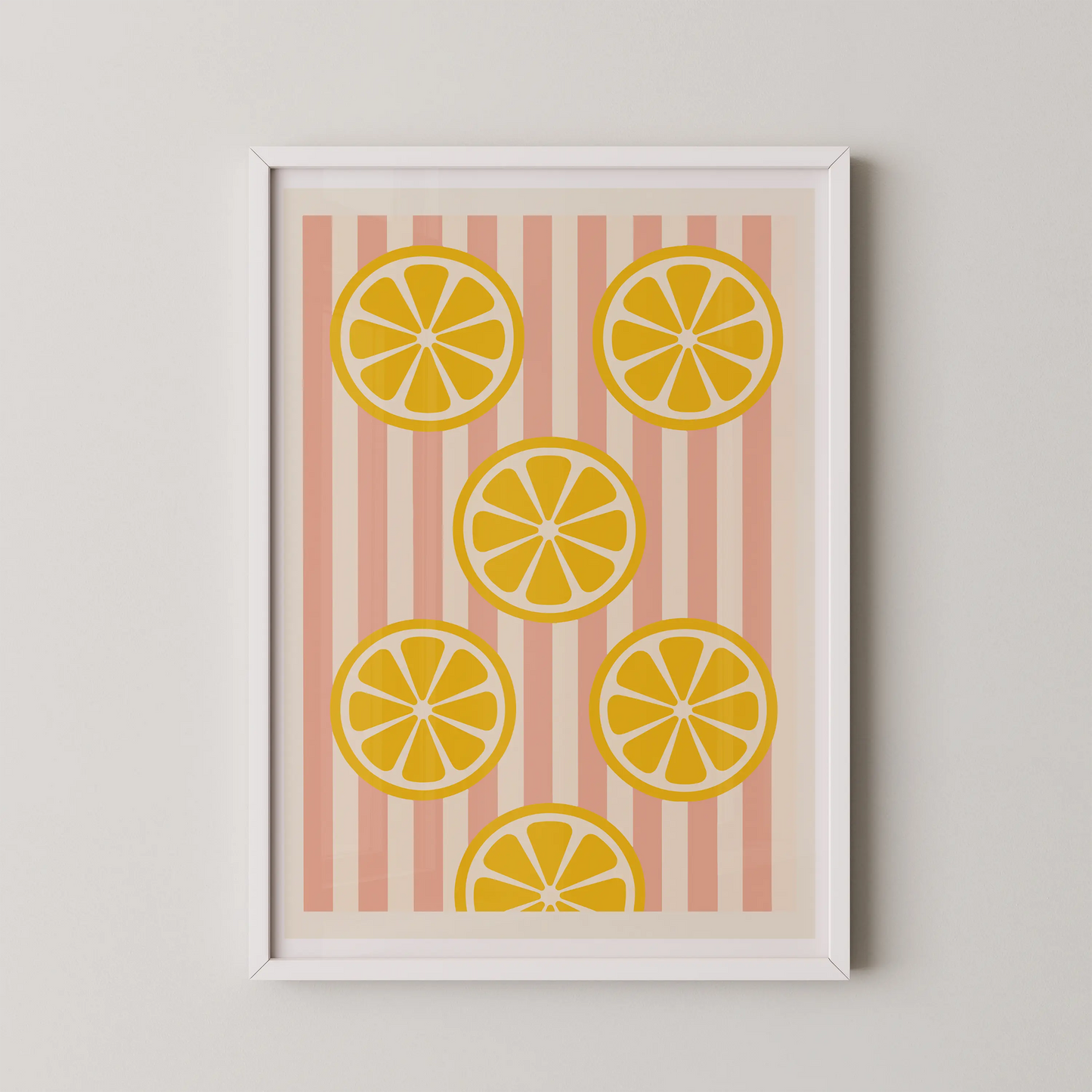 A modern abstract wall art poster featuring lemon slices on a pink striped background.